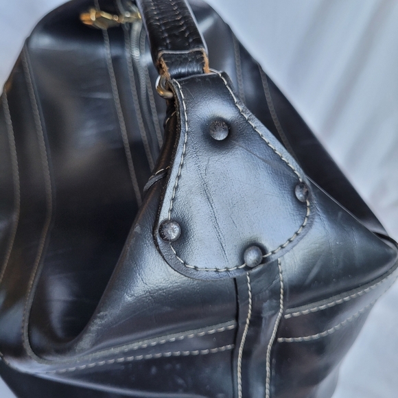 Quality Lg Black Leather Top Load Carry All Travel Bag Vtg Aero Zippers OOAK - Picture 11 of 16